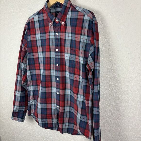 J Crew Red Blue Plaid Men’s Button Up Shirt Size Large Slim Business Preppy Work - Picture 3 of 7